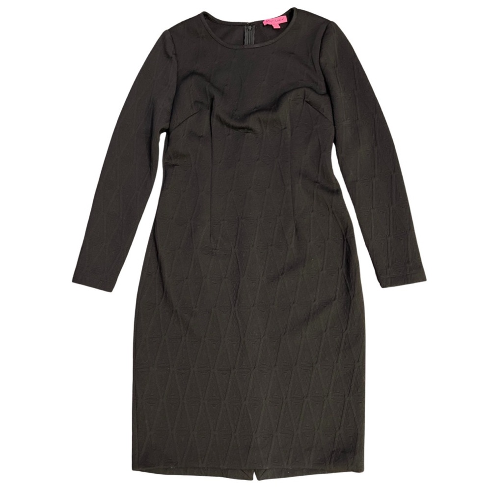 Elegant Black Long-Sleeve Bodycon Dress with Diamond Quilted Pattern Size 10 R